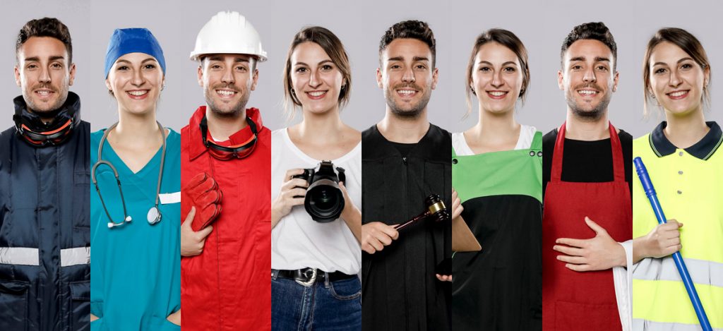 Front view of collection of men and women with different jobs.