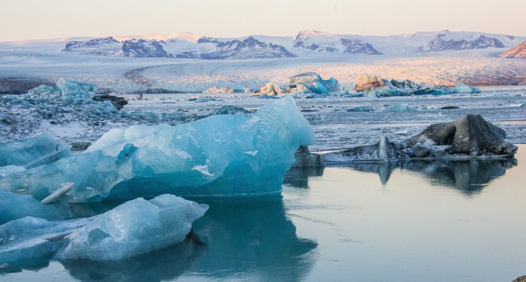 The icebergs near the frozen water in the snowy Jokulsarlon, Iceland.